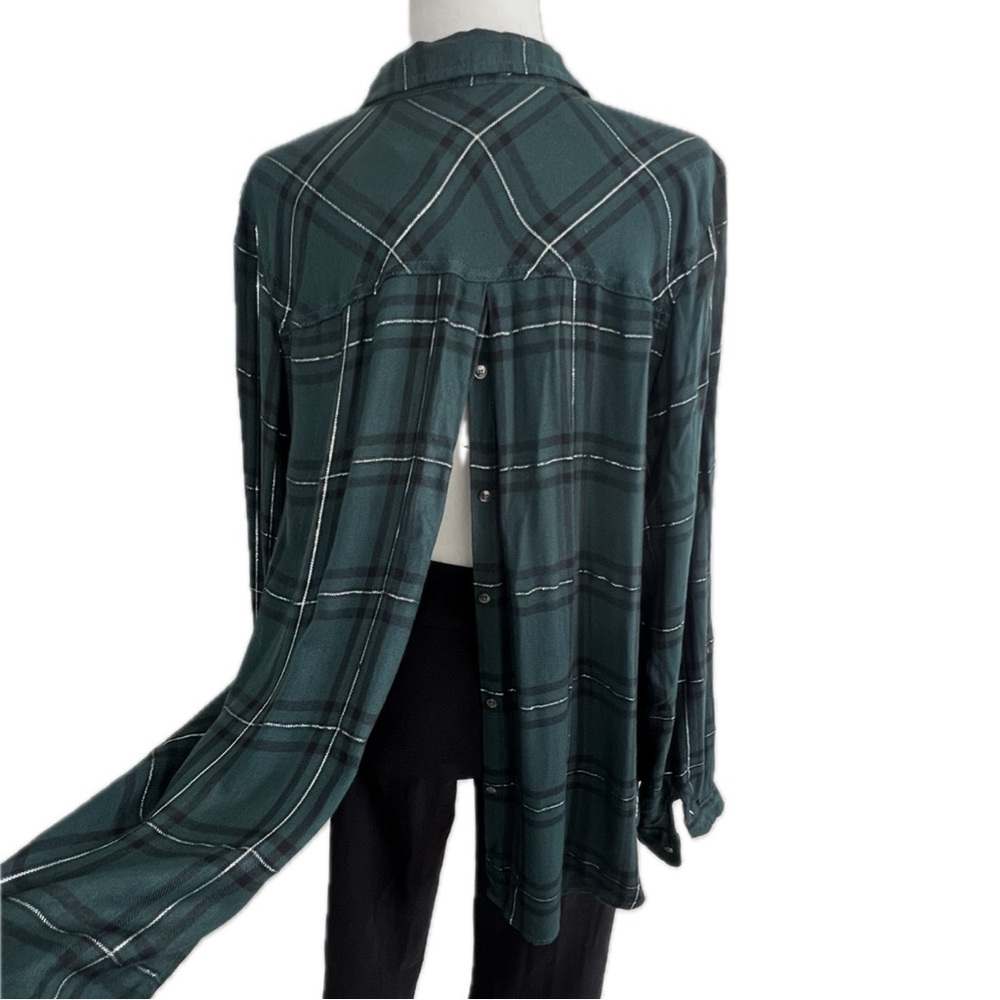 NEW Maurices Plaid Button Up Shirt Button Back Dark Green Silver 2 - Picture 7 of 17